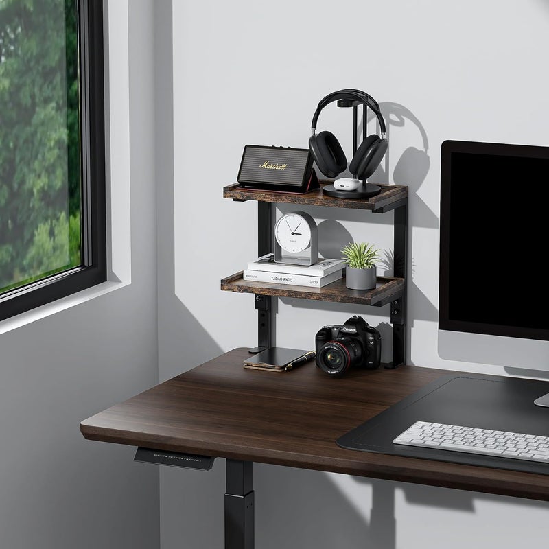 Spacrea clamp on Desk Shelf, 2 Tier Office Desk Shelves Organizer, Wood Desktop Supplies Storage Rack, Desk Organizers and Accessories (Wood) - Image 2